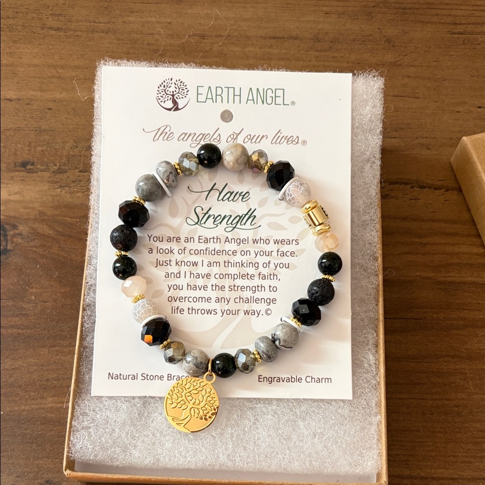 Earth Angel 'Have Strength' Black & Gray Stone Bracelet with Gold Tree Charm